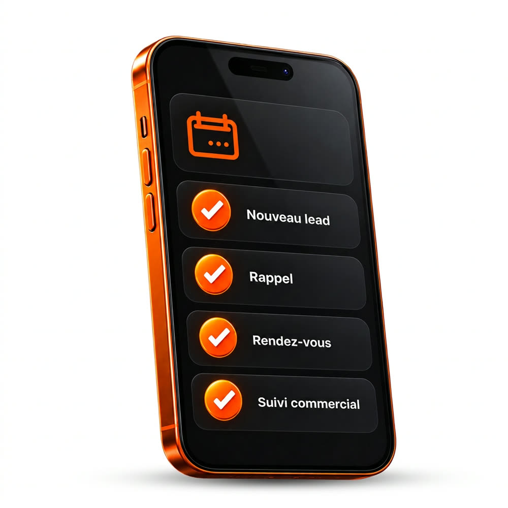 Téléphone affichant nouveau lead, rappel, rendez-vous et suivi commercial